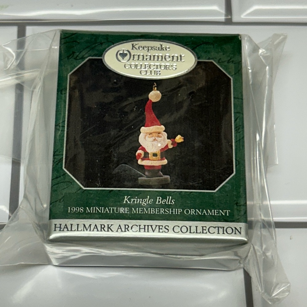 Vintage 1998 Hallmark Kringle Bells Santa Ornament Miniature Membership Club Box